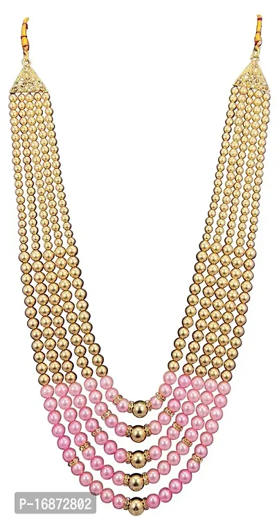 RAADHE CREATION Gold Plated and Pearl Moti dulha necklace chain for Men (Pink)