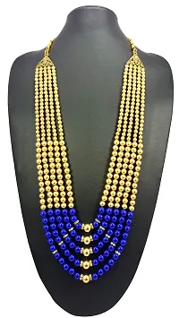 RAADHE CREATION Gold Plated and Pearl Moti dulha necklace chain for Men (Royal blue)-thumb1