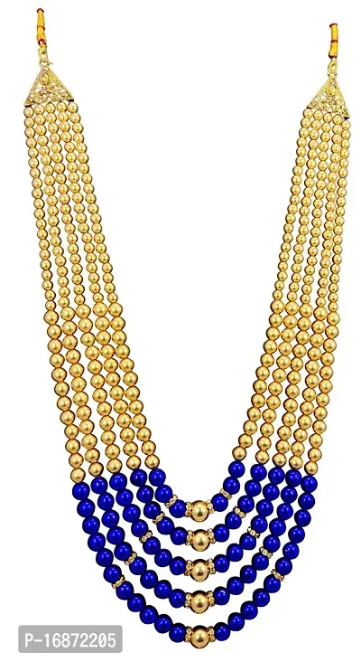 RAADHE CREATION Gold Plated and Pearl Moti dulha necklace chain for Men (Royal blue)-thumb0