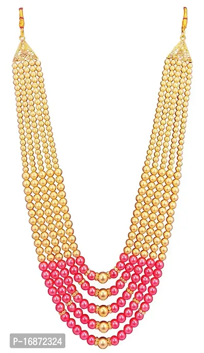 RAADHE CREATION Gold Plated and Pearl Moti dulha necklace chain for Men (Pink)-thumb0