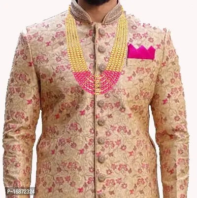 RAADHE CREATION Gold Plated and Pearl Moti dulha necklace chain for Men (Pink)-thumb4