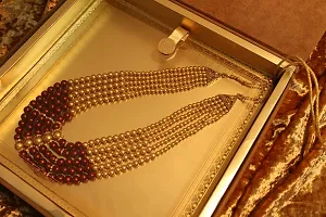 RAADHE CREATION Men's Gold Plated and Pearl Moti Mala Haar Necklace Jewellery for Groom/Dulha (Maroon)-thumb2