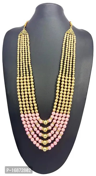 RAADHE CREATION Gold Plated and Pearl Moti dulha necklace chain for Men (Pink)-thumb2