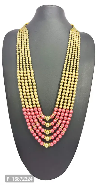 RAADHE CREATION Gold Plated and Pearl Moti dulha necklace chain for Men (Pink)-thumb2