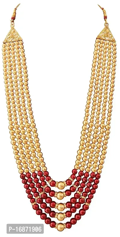 RAADHE CREATION Men's Gold Plated and Pearl Moti Mala Haar Necklace Jewellery for Groom/Dulha (Maroon)-thumb4