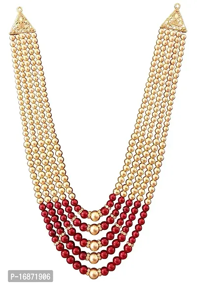 RAADHE CREATION Men's Gold Plated and Pearl Moti Mala Haar Necklace Jewellery for Groom/Dulha (Maroon)-thumb0