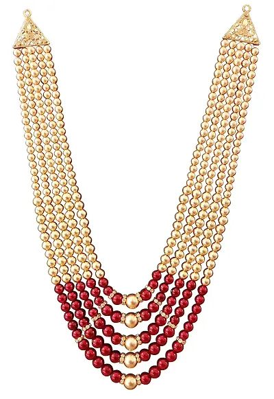 RAADHE CREATION Men's Plated and Pearl Moti Mala Haar Necklace Jewellery for Groom/Dulha (Maroon)