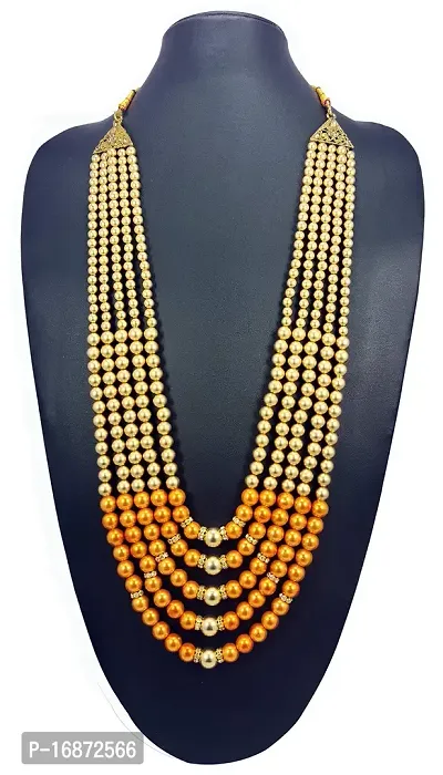 RAADHE CREATION Gold Plated and Pearl Moti dulha necklace chain for Men (Orange)-thumb2