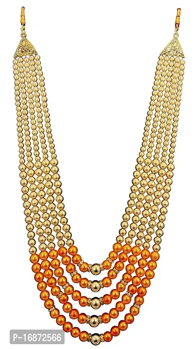 RAADHE CREATION Gold Plated and Pearl Moti dulha necklace chain for Men (Orange)