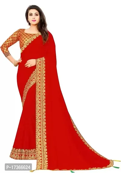 DAMIRA Women's Shiny Silk Jacquard Less Border Saree (RED)