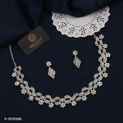 Sparkling Silver Brass Necklace With Earrings Jewellery Set For Women-thumb0