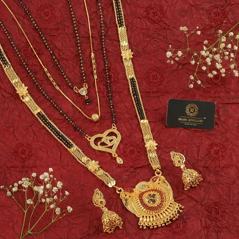 Stylish Fancy Traditional Brass Antiqique Zircon 4 Mangalsutras With 1 Pair Earrings For Women