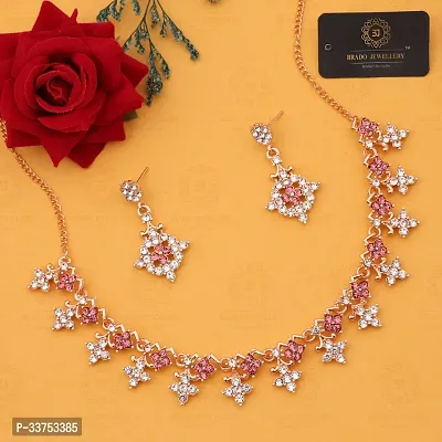 Sparkling Golden Brass Necklace With Earrings Jewellery Set For Women-thumb4