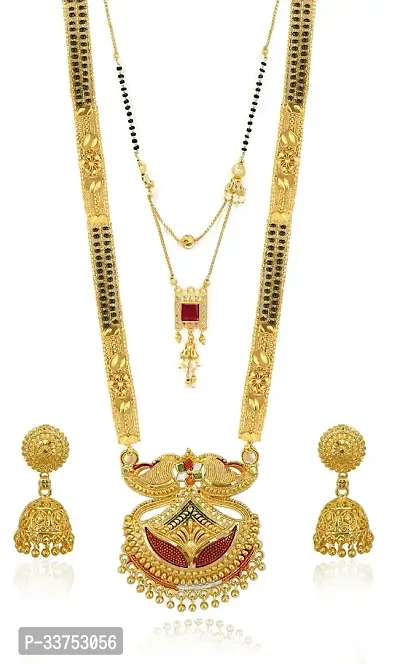 Sparkling Golden Brass Necklace With Earrings Jewellery Set For Women-thumb0