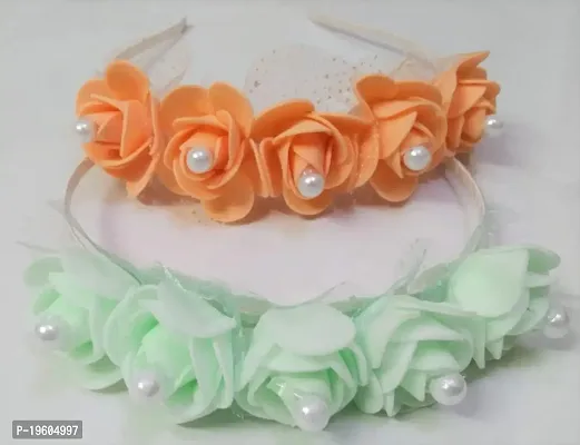 Ruchi Set Of 2 Rose Hair Band/Head Band For Baby girls Color-Peach/Green