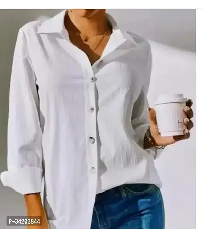 Elegant White Cotton Blend Solid Shirt For Women