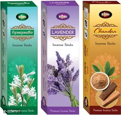 Bidhu Lavender, Chandan(Sandal), Rajanigandha Premium Agarbatti/Incense Sticks - Set 3 (240 Sticks)