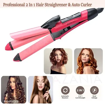 AZANIA  2 - In-1 Ceramic Coating Plates Fast Heat up, Combo Beauty Set Professional Hair Straightener  Curler with Wooden Print Comb for Women  Men -NHC-2009 (Pink)-thumb0