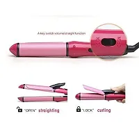 AZANIA  2 - In-1 Ceramic Coating Plates Fast Heat up, Combo Beauty Set Professional Hair Straightener  Curler with Wooden Print Comb for Women  Men -NHC-2009 (Pink)-thumb2