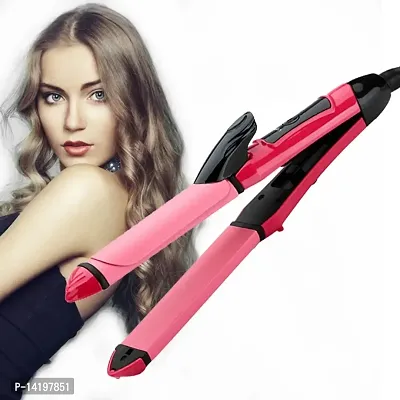 AZANIA 2 - In-1 Ceramic Coating Plates Fast Heat up, Combo Beauty Set Professional Hair Straightener  Curler with Wooden Print Comb for Women  Men -NHC-2009 (Pink)-thumb0