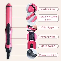 AZANIA 2 - In-1 Ceramic Coating Plates Fast Heat up, Combo Beauty Set Professional Hair Straightener  Curler with Wooden Print Comb for Women  Men -NHC-2009 (Pink)-thumb3
