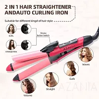 AZANIA 2 - In-1 Ceramic Coating Plates Fast Heat up, Combo Beauty Set Professional Hair Straightener  Curler with Wooden Print Comb for Women  Men -NHC-2009 (Pink)-thumb4