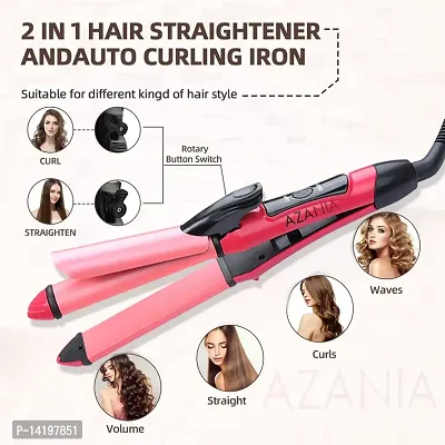 AZANIA 2 - In-1 Ceramic Coating Plates Fast Heat up, Combo Beauty Set Professional Hair Straightener  Curler with Wooden Print Comb for Women  Men -NHC-2009 (Pink)-thumb5