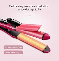 AZANIA 2 - In-1 Ceramic Coating Plates Fast Heat up, Combo Beauty Set Professional Hair Straightener  Curler with Wooden Print Comb for Women  Men -NHC-2009 (Pink)-thumb3