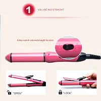 AZANIA 2 - In-1 Ceramic Coating Plates Fast Heat up, Combo Beauty Set Professional Hair Straightener  Curler with Wooden Print Comb for Women  Men -NHC-2009 (Pink)-thumb2