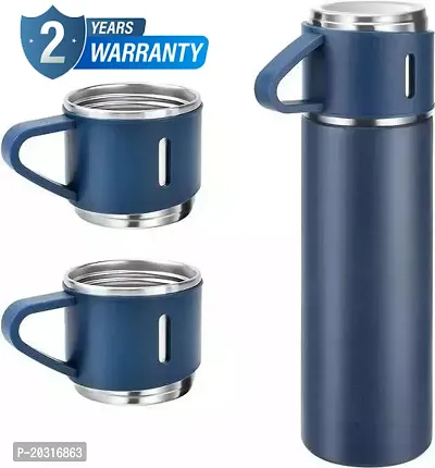 AZANIA Enterprise Latest Steel Vacuum Flask Set with 3 Stainless Steel Cups Combo - 500ml - Keeps HOT/Cold | Ideal Gift for Winter - Housewarming Random Color