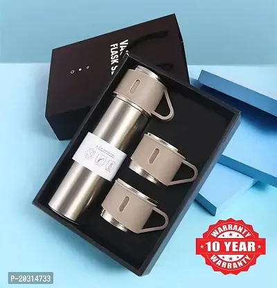 Steel Vacuum Flask Set with 3 Steel Cups Combo - 500ml with Gift Box - Keeps HOT/Cold | Gift for Diwali and Birthday Gift Return Gift - Housewarming (Black)