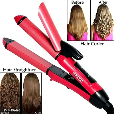 AZANIA 2-in-1 Ceramic Plate Essential Combo Beauty Set of Hair Straightener and Plus Hair Curler for Women (pink)-thumb0