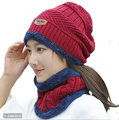 Woolen Double Sided Beanie Cap and Neck Warmer with Fur Interior and Fleece Line
