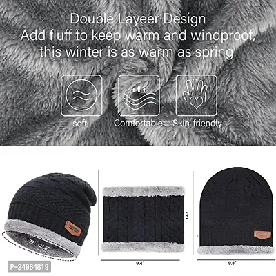 Woolen Double Sided Beanie Cap and Neck Warmer with Fur Interior and Fleece Line-thumb2