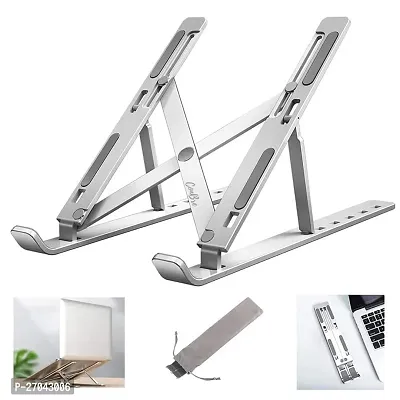 Aluminium 7 Height Adjustable, Ventilated, Foldable, Portable Laptop Stand for Desk  Table Mount Upto 15.6 inch Laptop with Carry Pouch (Silver)-thumb0