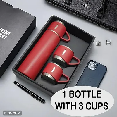 Stainless Steel 500 Ml Vacuum Insulated Water Bottle Flask with 3 Steel Cups Pack of 1 Assorted-thumb0