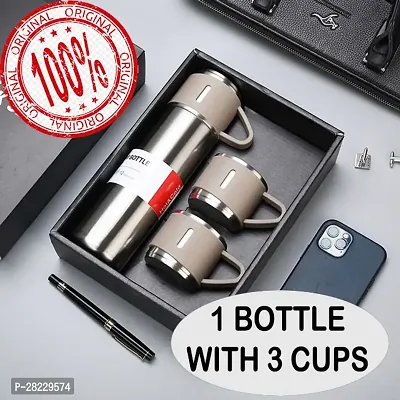 Stainless Steel 500 Ml Vacuum Insulated Water Bottle Flask with 3 Steel Cups Pack of 1 Assorted