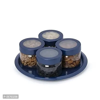 Stylish Plastic Chocolates Storage Thick Table Jars, 350Ml Each 4 Pet Jars And 1 Tray, Metallic Blue