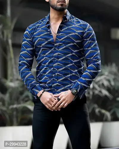 Stylish Navy Blue Polyester Spandex Casual Shirt For Men-thumb2