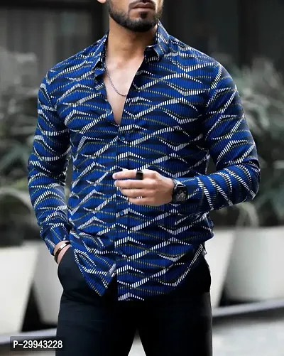 Stylish Navy Blue Polyester Spandex Casual Shirt For Men-thumb0