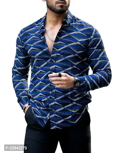 Stylish Blue Polyester Spandex Casual Shirt For Men-thumb0