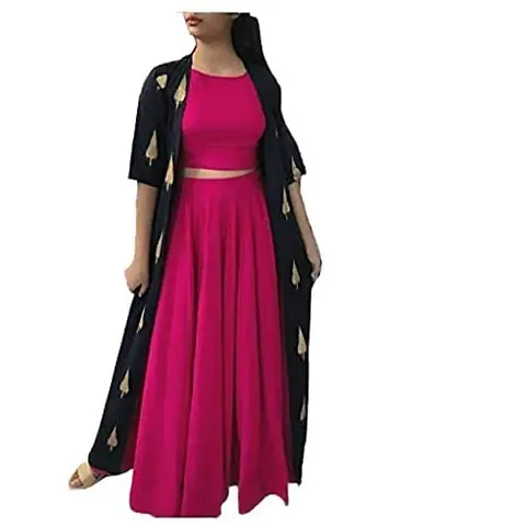 Women's Straight Rayon Kurti Skirt with Shrug (Pink_2XL)