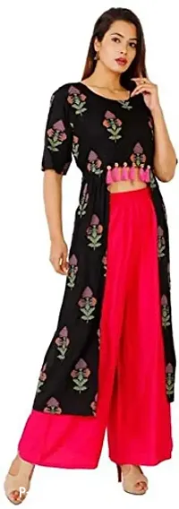 Krati Creations Women's Cotton Printed Shrug Pattern Calf Length Kurta,Palazzo Set Black and Pink-thumb0