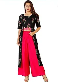 Krati Creations Women's Cotton Printed Shrug Pattern Calf Length Kurta,Palazzo Set Black and Pink-thumb2