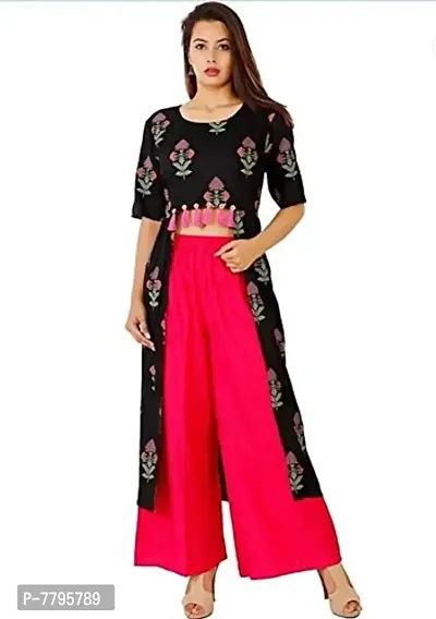 Krati Creations Women's Cotton Printed Shrug Pattern Calf Length Kurta,Palazzo Set Black and Pink-thumb3