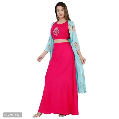 KRATI CREATIONS Rayon Embroidered Crop Top Bottom Skirt & Shrug for Girls & Women - Pink And Sky Blue-thumb4