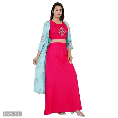 KRATI CREATIONS Rayon Embroidered Crop Top Bottom Skirt & Shrug for Girls & Women - Pink And Sky Blue-thumb3