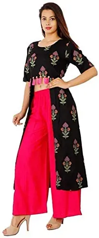 Krati Creations Women's Cotton Printed Shrug Pattern Calf Length Kurta,Palazzo Set Black and Pink-thumb1