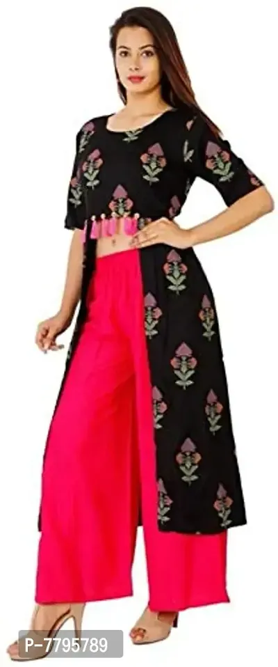 Krati Creations Women's Cotton Printed Shrug Pattern Calf Length Kurta,Palazzo Set Black and Pink-thumb2