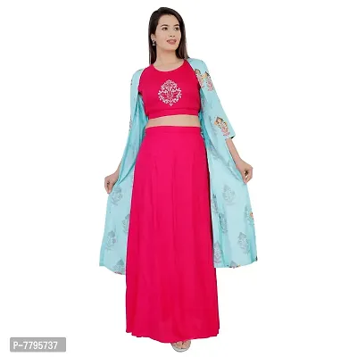 KRATI CREATIONS Rayon Embroidered Crop Top Bottom Skirt & Shrug for Girls & Women - Pink And Sky Blue-thumb0